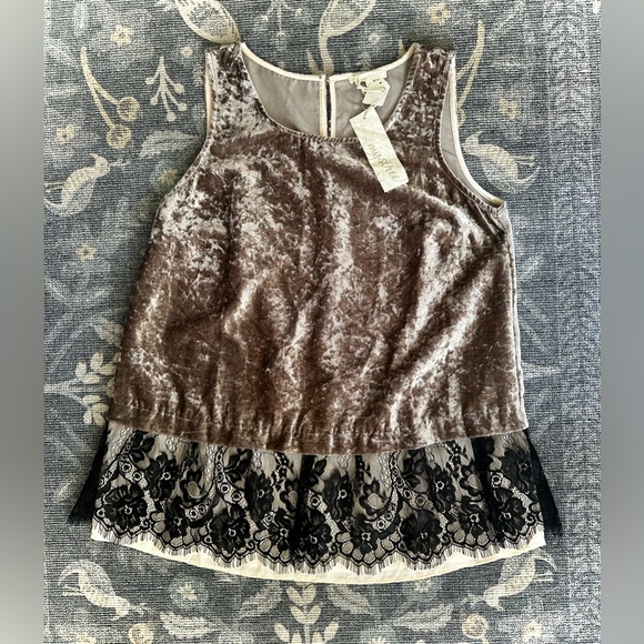 Mystree Tops - Mystree Brown Velvet Tank Top Black Lace Hem Peplum Layer NWT